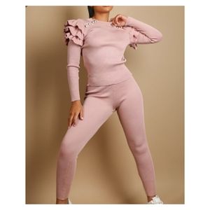Ribbed Fine Knit Ruffle Jumper & Legging Set